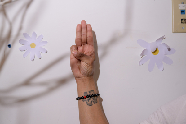 Giselle shows the Girl Scout salute after a meeting with their members.