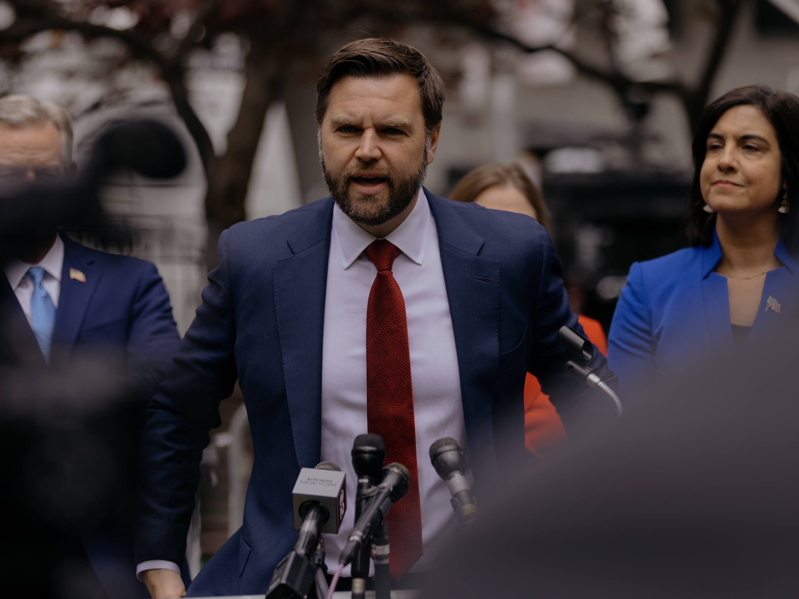 U.S. Senator from Ohio, J.D. Vance, speaks with members of the press during a press conference in Collect Pond Park on the 16th day of the hush money trial of former President Donald Trump in the Manhattan borough of New York City, New York, U.S., on Monday, May 13, 2024.