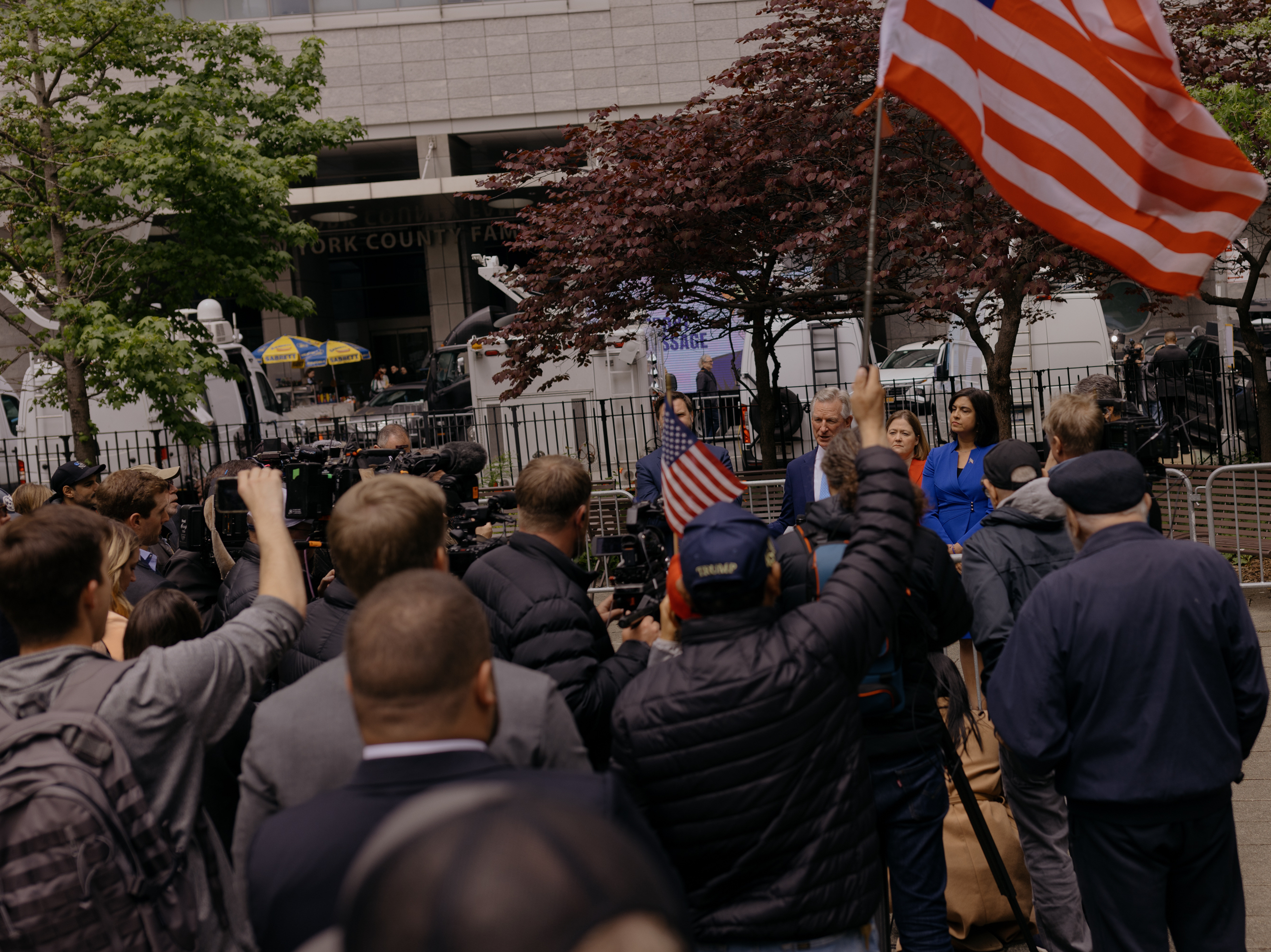 U.S. Senator from Alabama, Tommy Tuberville, center, speaks with members of the press during a press conference in Collect Pond Park on the 16th day of the hush money trial of former President Donald Trump in the Manhattan borough of New York City, New York, U.S., on Monday, May 13, 2024.