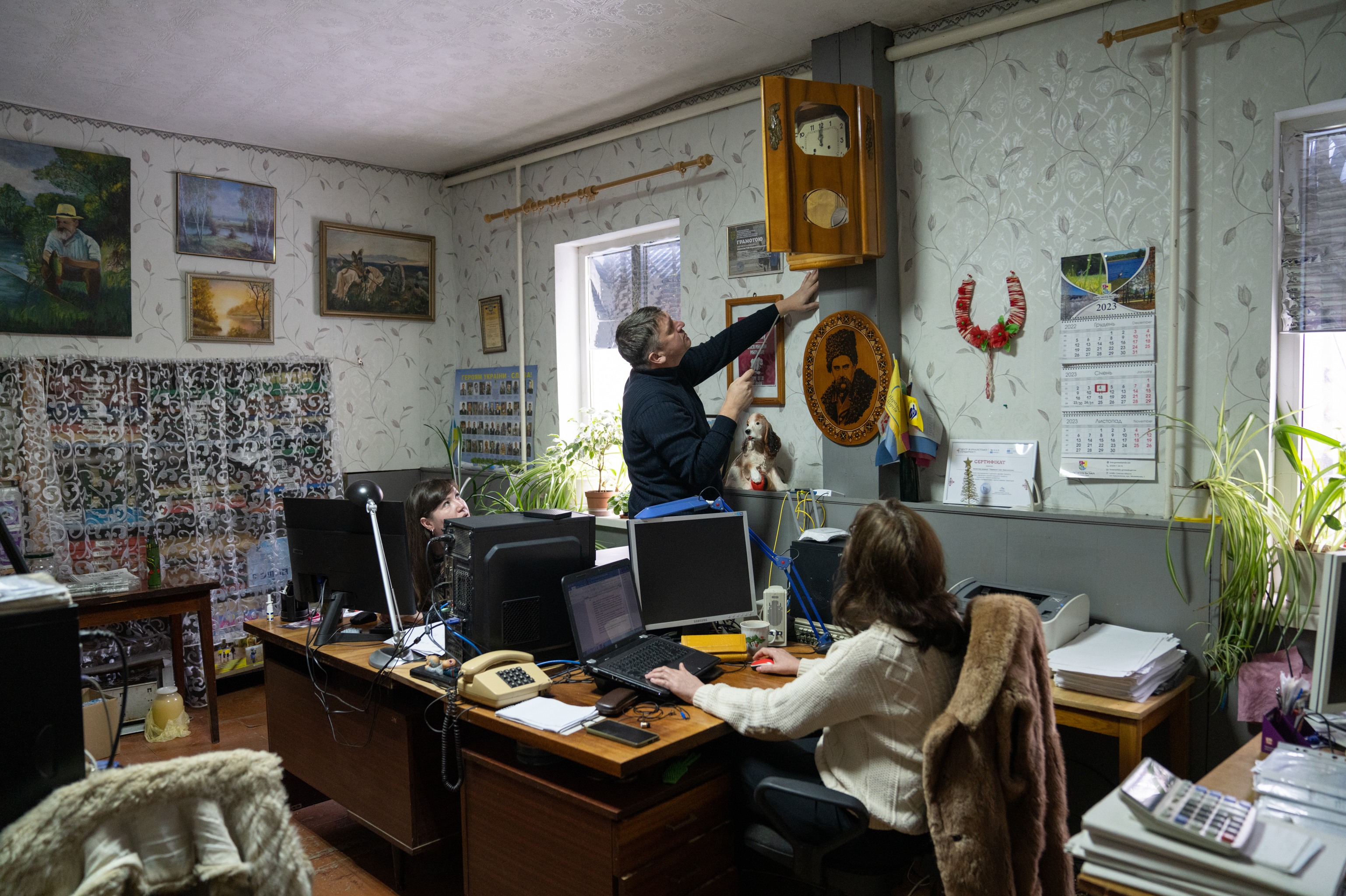 Editor Oleksandr Motsny works with three other staffers in the office of a small weekly newspaper in Krasnopillya, Ukraine. The paper's name <em>Peremoha</em> means &quot;victory&quot; in Ukrainian. (NPR)