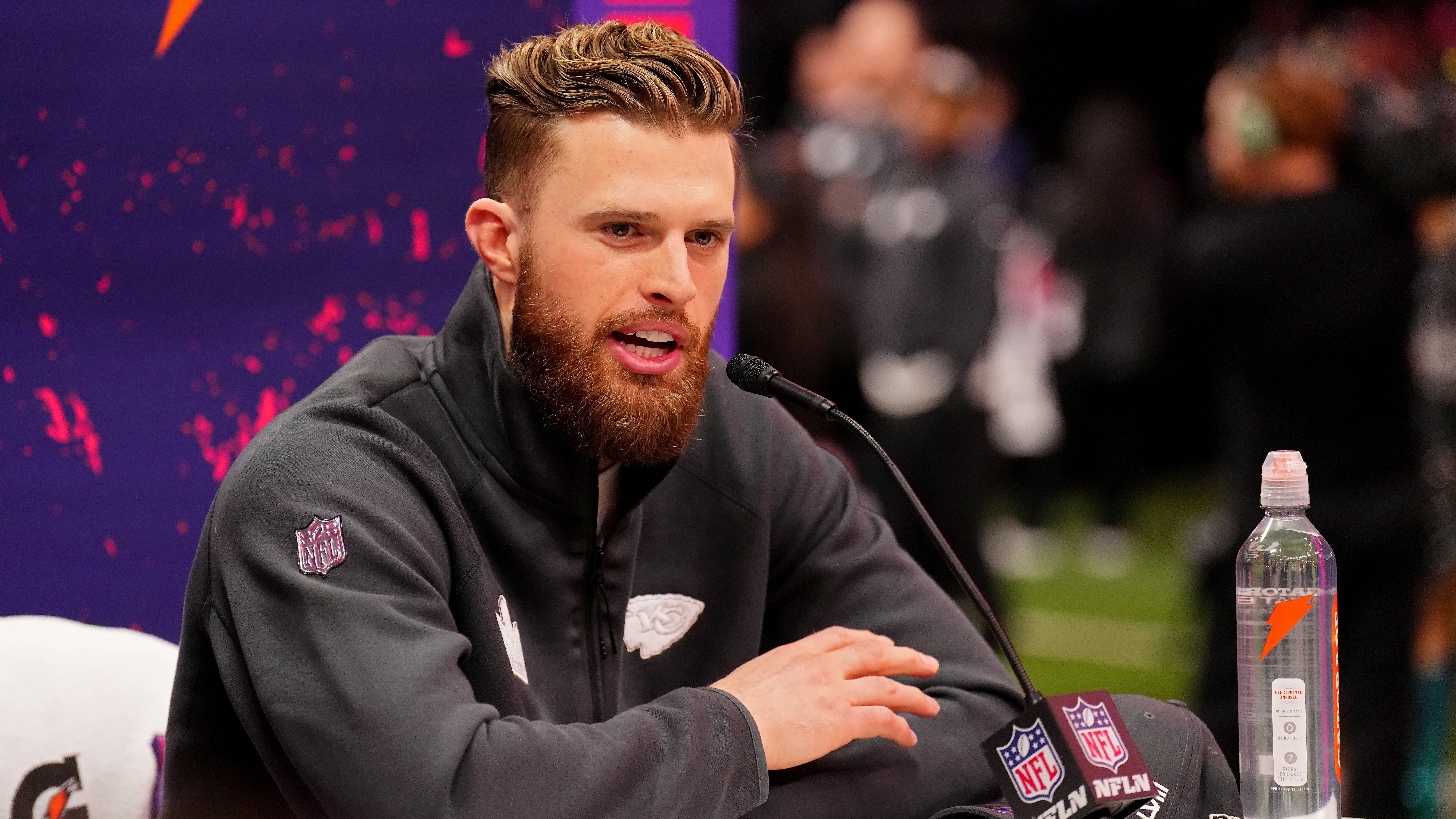 Kansas City Chiefs player Harrison Butker, pictured at a press conference in February.