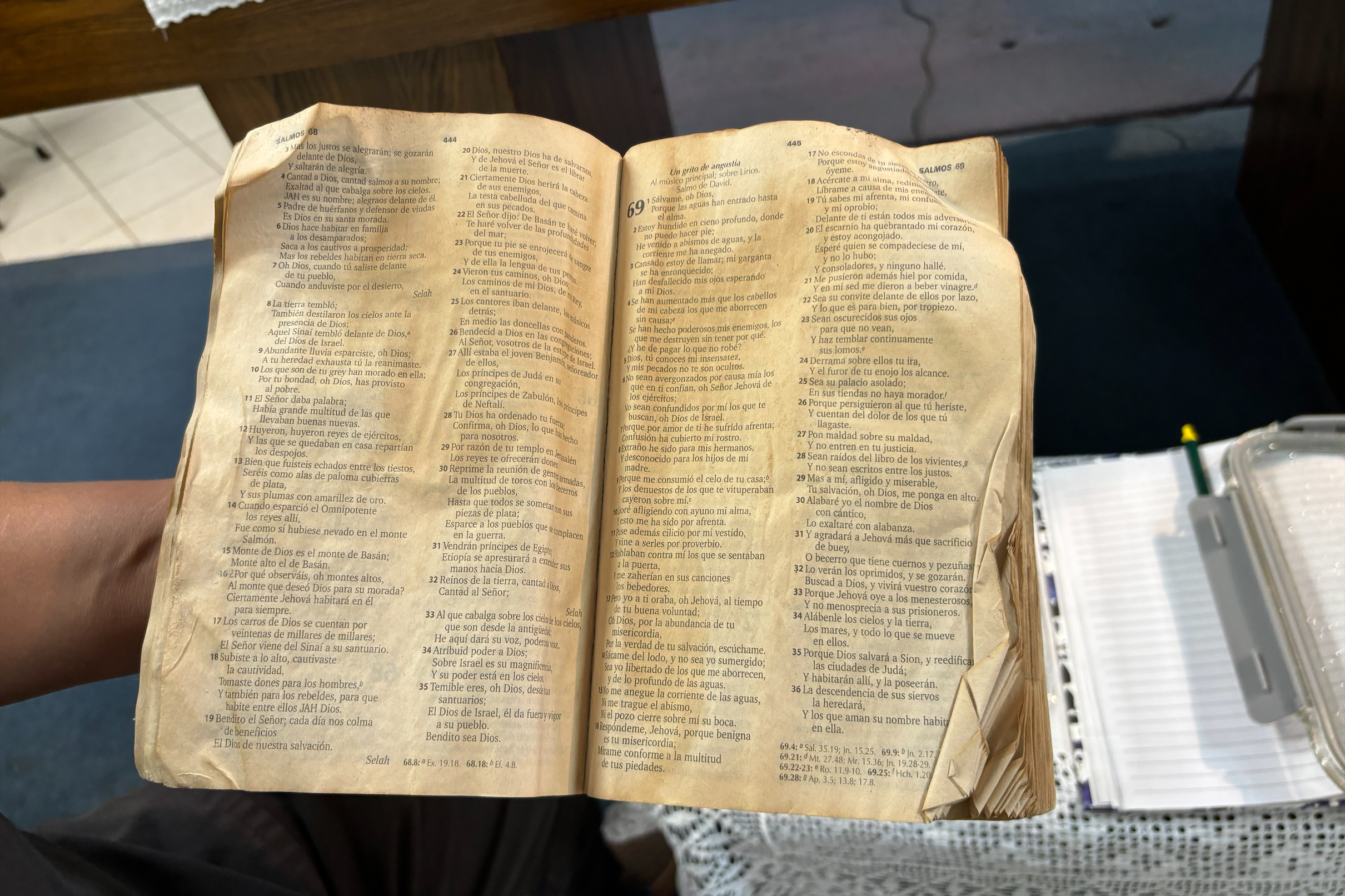 A Spanish-language bible — now on display at Iglesia Luterana San Lucas in Eagle Pass, Texas — is believed to have been carried by a migrant when the person was washed away by the river. (Sergio Martínez-Beltrán/NPR)