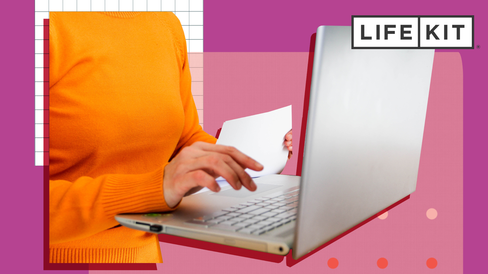 A cropped photo of a woman typing on a laptop while holding paperwork. The cut-out image is placed on a purple backdrop.