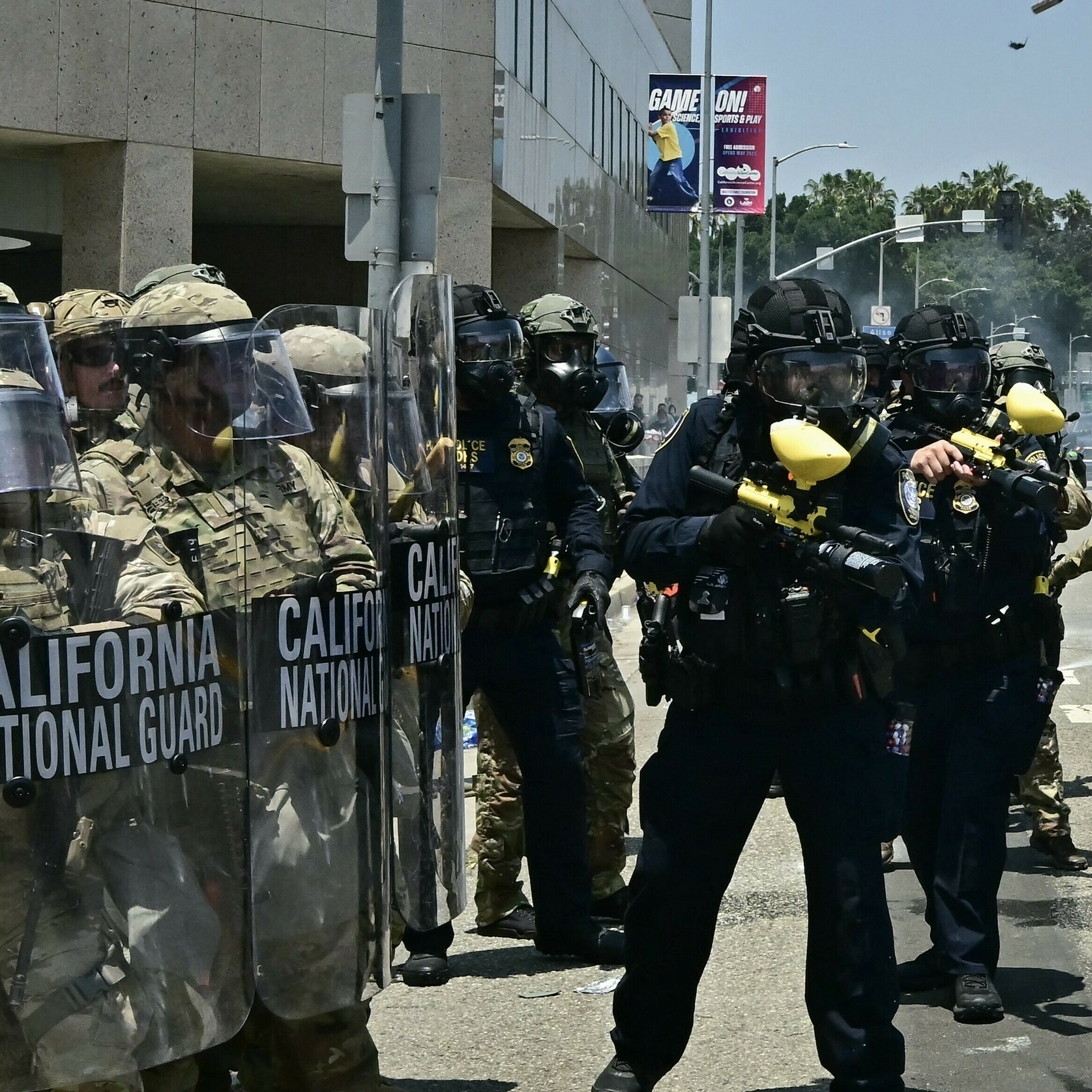 National Guard soldiers and US Department of Homeland Security (DHS) Police officers clash with demonstrators outside the Metropolitan Detention Center, MDC, in downtown Los Angeles, California on June 8, 2025.