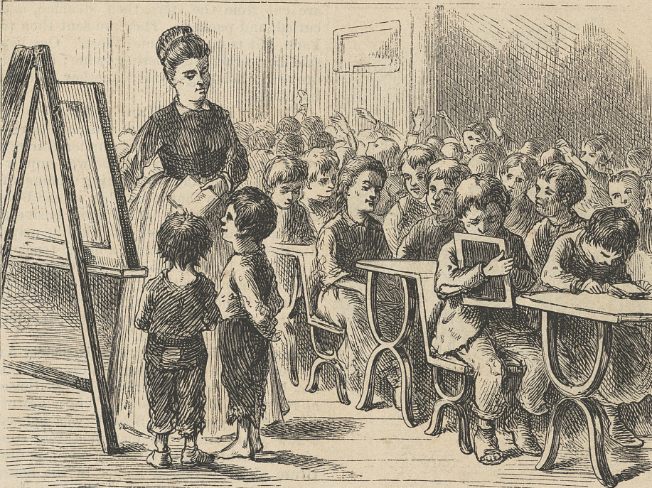 Illustration from Harper's Magazine, 1873, of a classroom full of children, with teacher and two children at easel in N.Y.C.