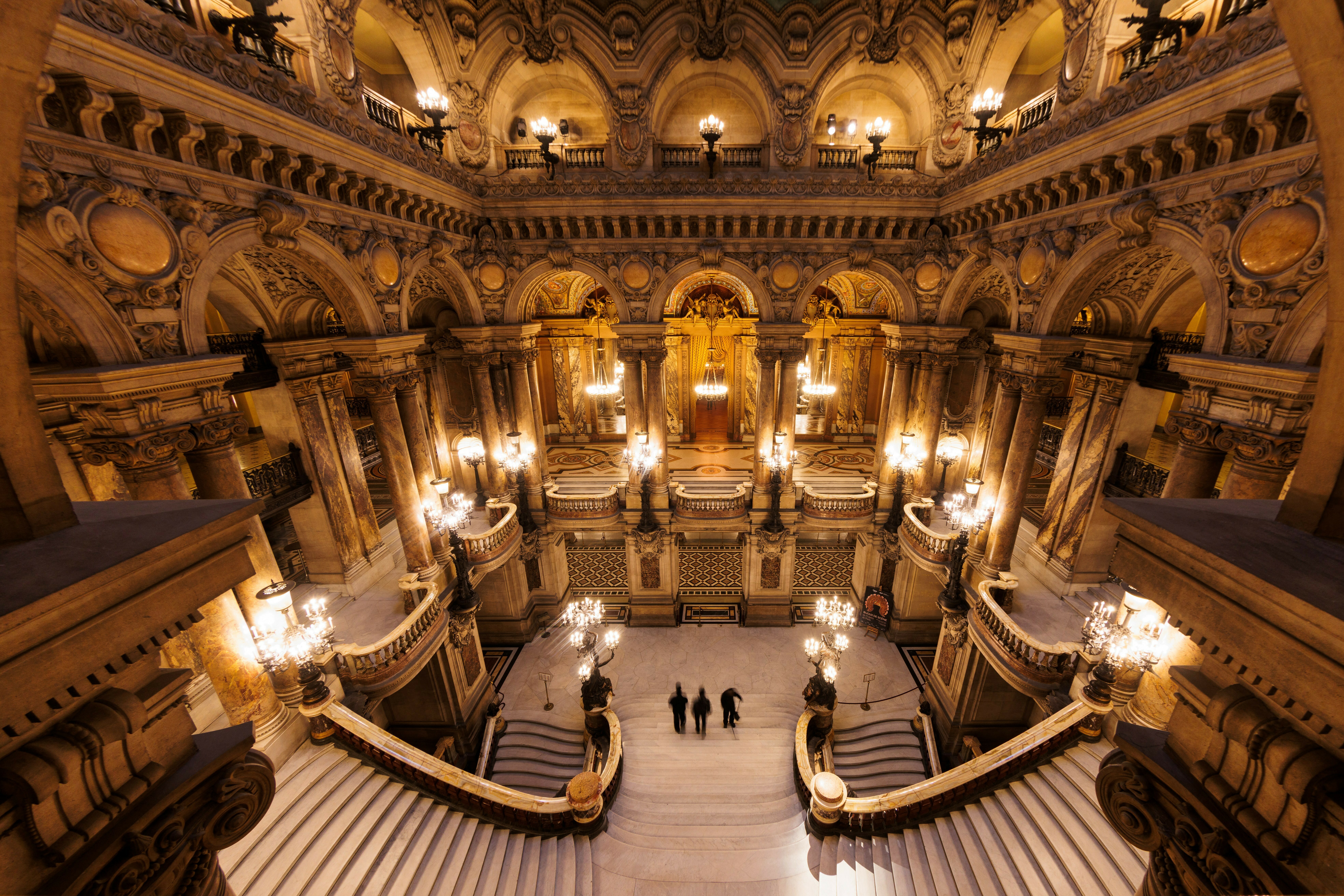 Taken by a fish-eye lens, this photograph shows the grand staircase of the Palais Garnier in Paris on Dec. 9, 2024.