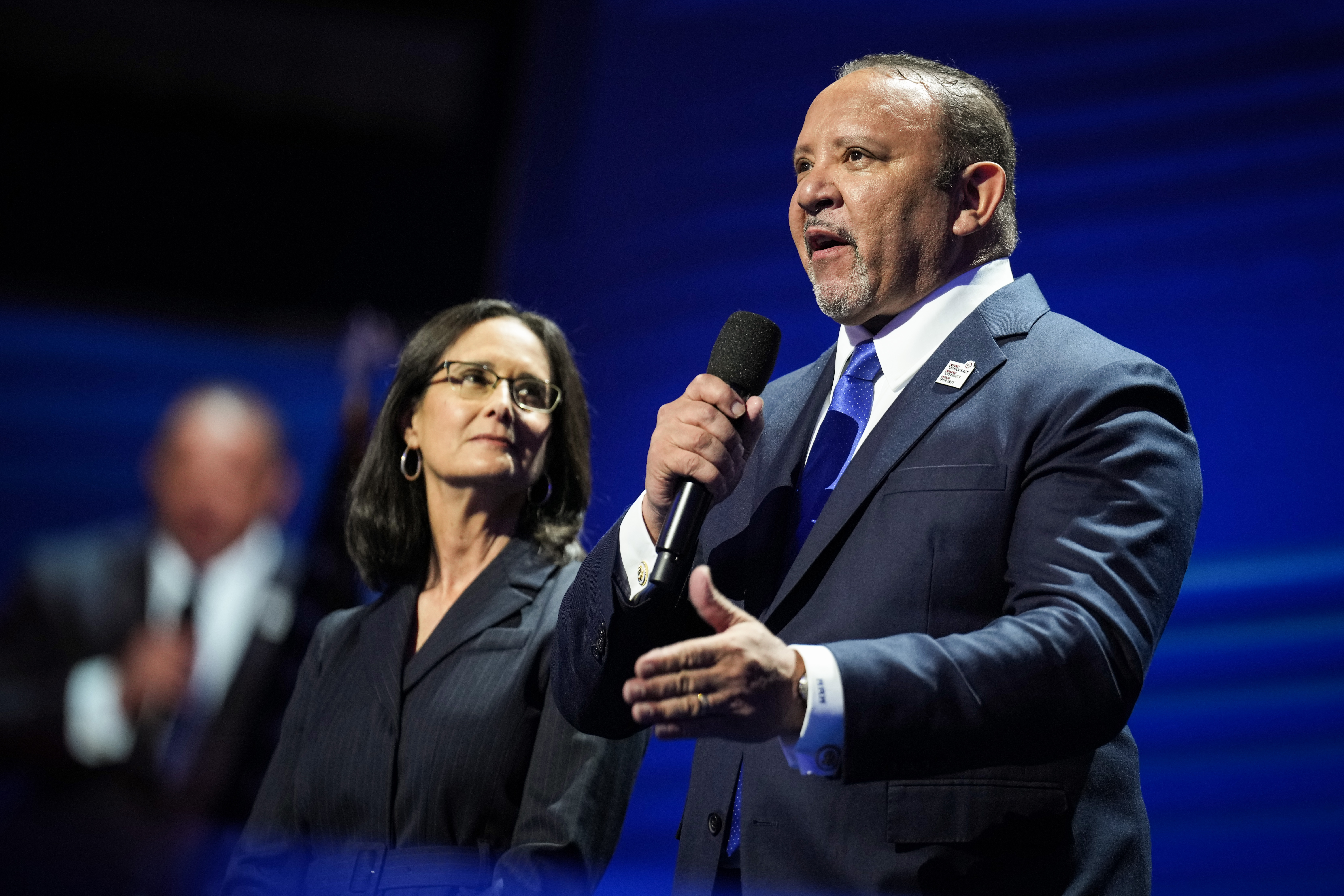 President of the National Urban League Marc Morial speaks at the Democratic National Convention in Chicago in 2024, flanked by former Illinois Attorney General Lisa Madigan.