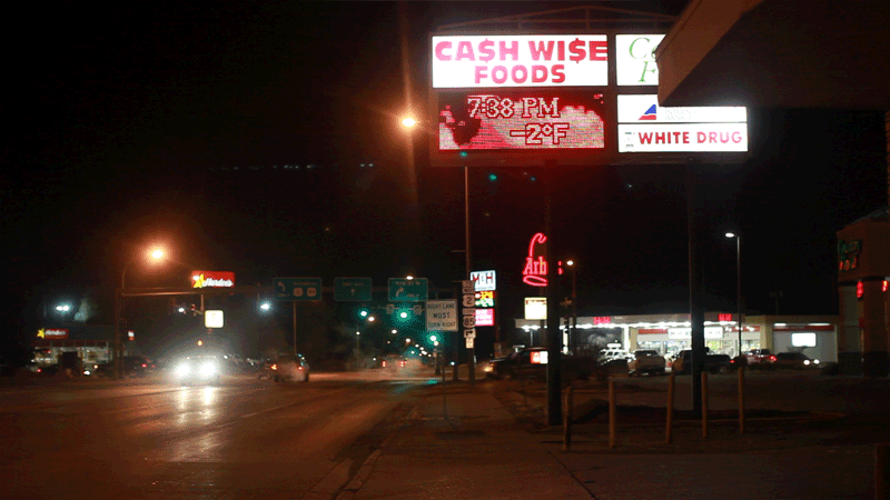 The streets of Williston, N.D., at night.