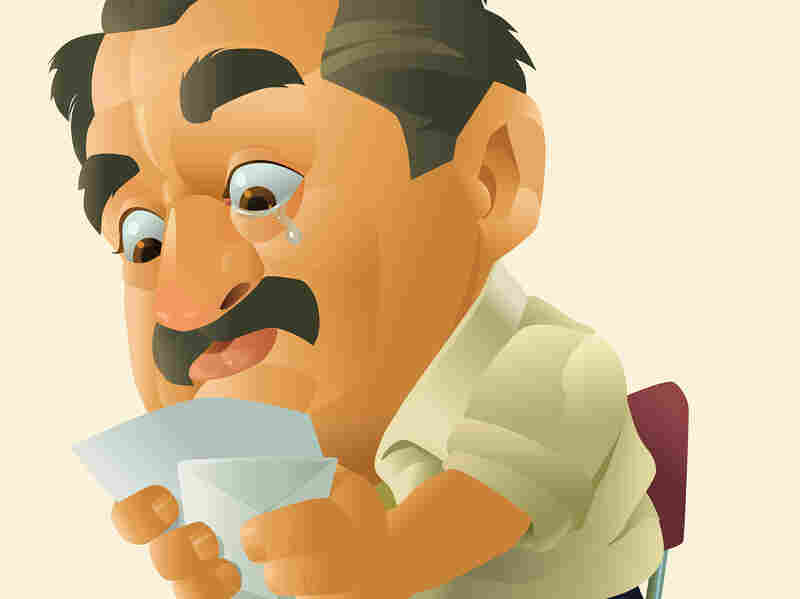 Cartoon of a man crying over a rejection letter