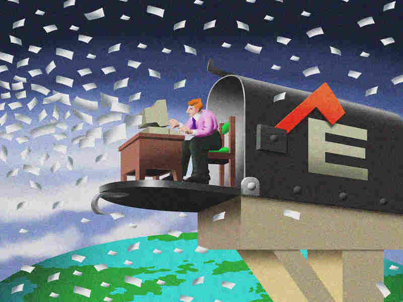 Man at a desk as documents rain down.