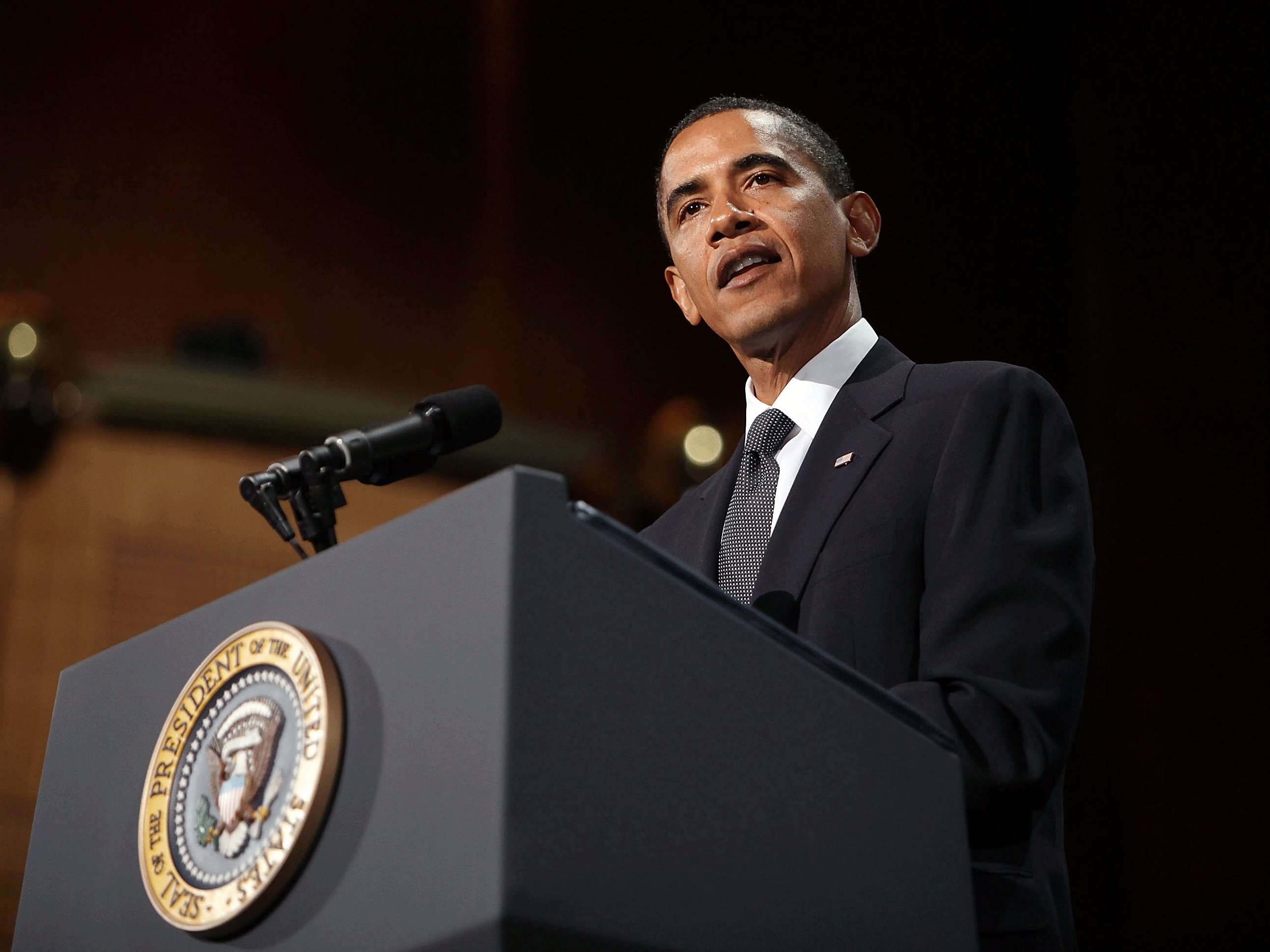 U.S. President Barack Obama speaks at a tribute to the late television journalist Walter Cronkite September 9, 2009 at Lincoln Center in New York City. (Spencer Platt/Getty Images)