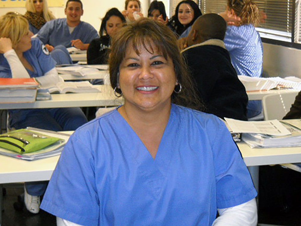 Nursing student Barbara Bosch at CBD vocational college in California where she is studying to become a licensed vocational nurse. Bosch, who is 49, has been unemployed since July 2008. (NPR)