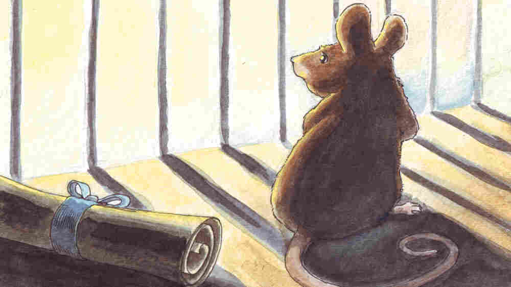 A worried mouse stares out the bars of his cage