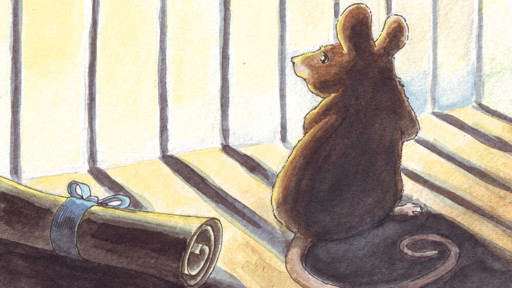 A worried mouse stares out the bars of his cage