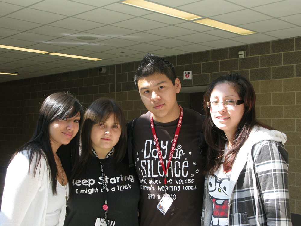 Social Justice High School sophomores Theresa DeLaRosa (from left), Teresa Onstott and Brian Damacio, and senior Jessica Ortega led a campaign for better-tasting and healthier school lunches, speaking at a Chicago Board of Education meeting last month.