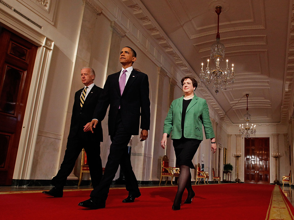 Vice President Joe Biden, President Obama and Solicitor General Elena Kagan walk into the East Room before Obama announced Kagan as his choice to be the nation's 112th Supreme Court justice on Monday. (Getty Images)