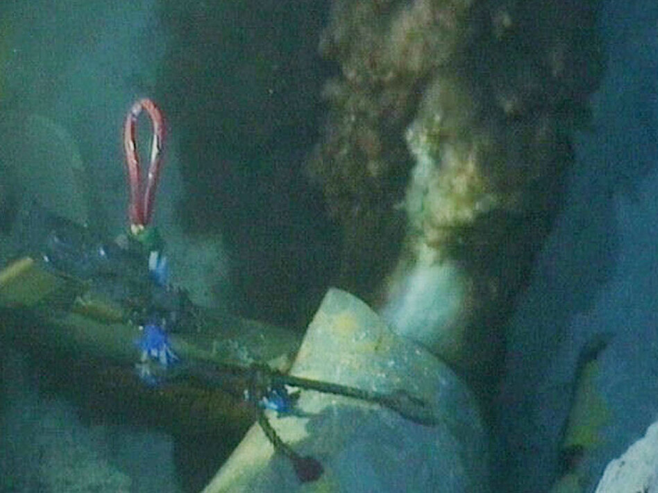 Oil leaks into the Gulf of Mexico from the end of the pipe that was supposed to pump oil from the sea floor before the Deepwater Horizon oil rig exploded and sunk last month. (BP PLC/AP)
