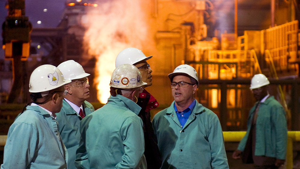 President Obama tours the V&M Star steel plant in Youngstown, Ohio, last month. The visit was part of a broader pitch by the president to show how the stimulus package is helping in places like Ohio. (AFP/Getty Images)