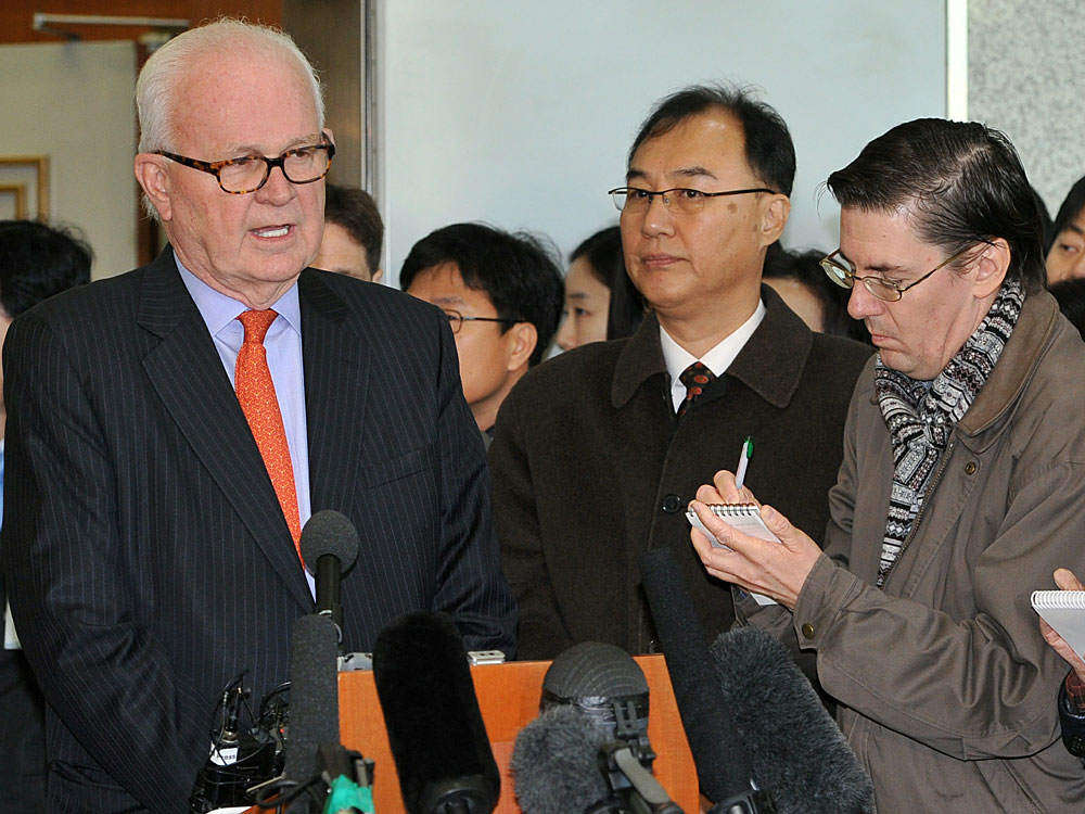 U.S. special representative Stephen Bosworth speaks to reporters after a meeting with South Korean Foreign Minister Kim Sung-Hwan in Seoul on November 22, 2010. (AFP/Getty Images)