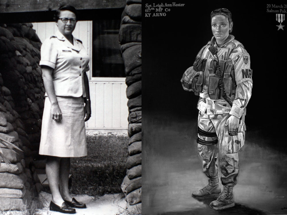A  composite image of Brig. Gen. Wilma Vaught during her time serving in  Vietnam (left) and an illustrated poster of Sgt. Leigh Ann Hester.