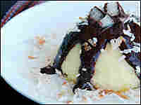 Mounds Of Joy Custards With Mounds Chocolate Sauce
