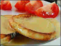 Welsh Rarebit (Rabbit): Cheese sauce on a split, toasted English muffin