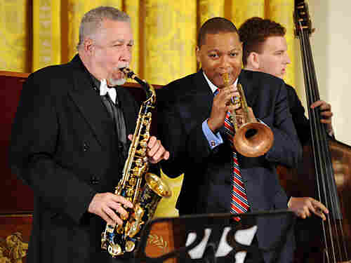 Paquito D'Rivera (left) and Wynton Marsalis lead the White House jam session for young musicians.