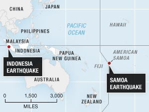 Map showing the location of an earthquake in Indonesia and one in Samoa