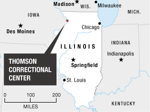 Locator map pointing out the Thomson Correctional Center, in Thomson, Ill.