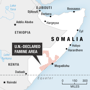 A map showing the U.N.-declared famine area in southern Somalia