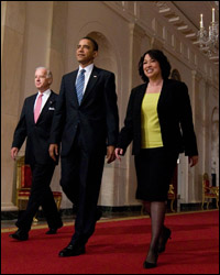 Judge Sonia Sotomayor, seen here walking with President Obama and Vice President Biden in May, is poised to march into history next week. Senate confirmation hearings for the Supreme Court nominee begin Monday; barring some surprise, her ascent to the high court is seen as inevitable. (Getty Images)