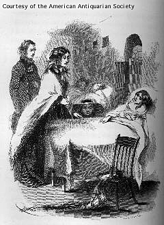 A woman and man stand over a young girl in a hospital bed; chair in foreground