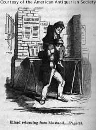 Engraving - Boy on the shoulders of another boy, in front of newstand