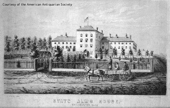 A horse drawn carriage carries a woman, her child and another man down a dirt street to the gates of the Alms House.