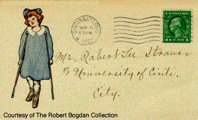 Front of postcard with a picture drawing of a girl with crutches wearing a blue dress. Addressed to Mr. Robert Lee Strauss.