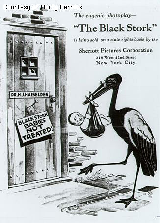 The Black Stork delivers a crying baby to Dr. Haiselden's door.  A sign on the door reads "Black Stork Babies Not Treated".