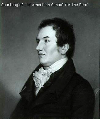 Painted portrait of Laurent Clerc, founder of the American School for the Deaf. Clerc wears a high ruffled collar and dark coat. The portrait is a three-quarter pose from the shoulders up.