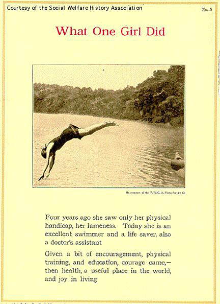 Girl diving off dock; message about her overcoming her "handicap"