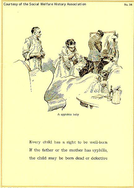 Mother lies in bed after giving birth; message about the danger of passing on syphillis onto newborns.