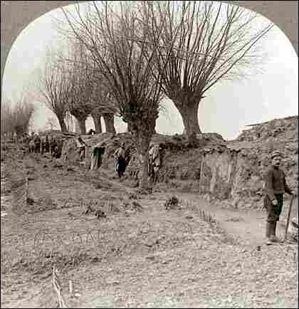 French trenches flanked by gardens during World War I