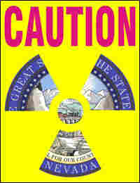 a radioactive symbol superimposed over the seal for the state of Nevada