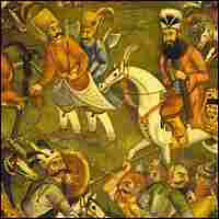 A painting depicts Persian warfare during the Safavid dynasty period.