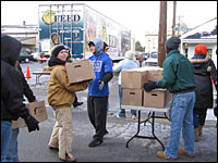 Semitrailers brought boxes of groceries from the international charity Feed The Children.  More than 10,000 people are expected to lose their jobs in the town and surrounding area.