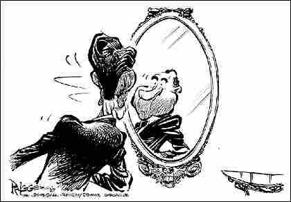Cartoon shows Reagan looking in the mirror and seeing Nixon