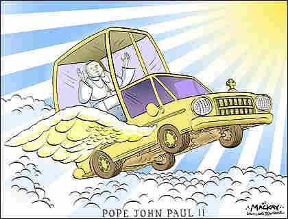 Cartoon shows Pope riding to heaven in Pope mobile.