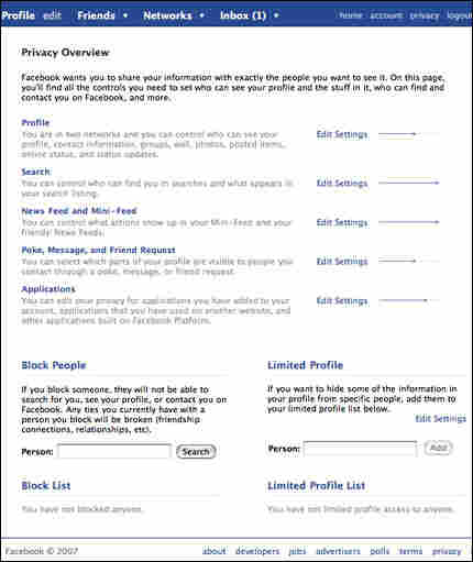 Screenshot of Facebook Privacy Settings